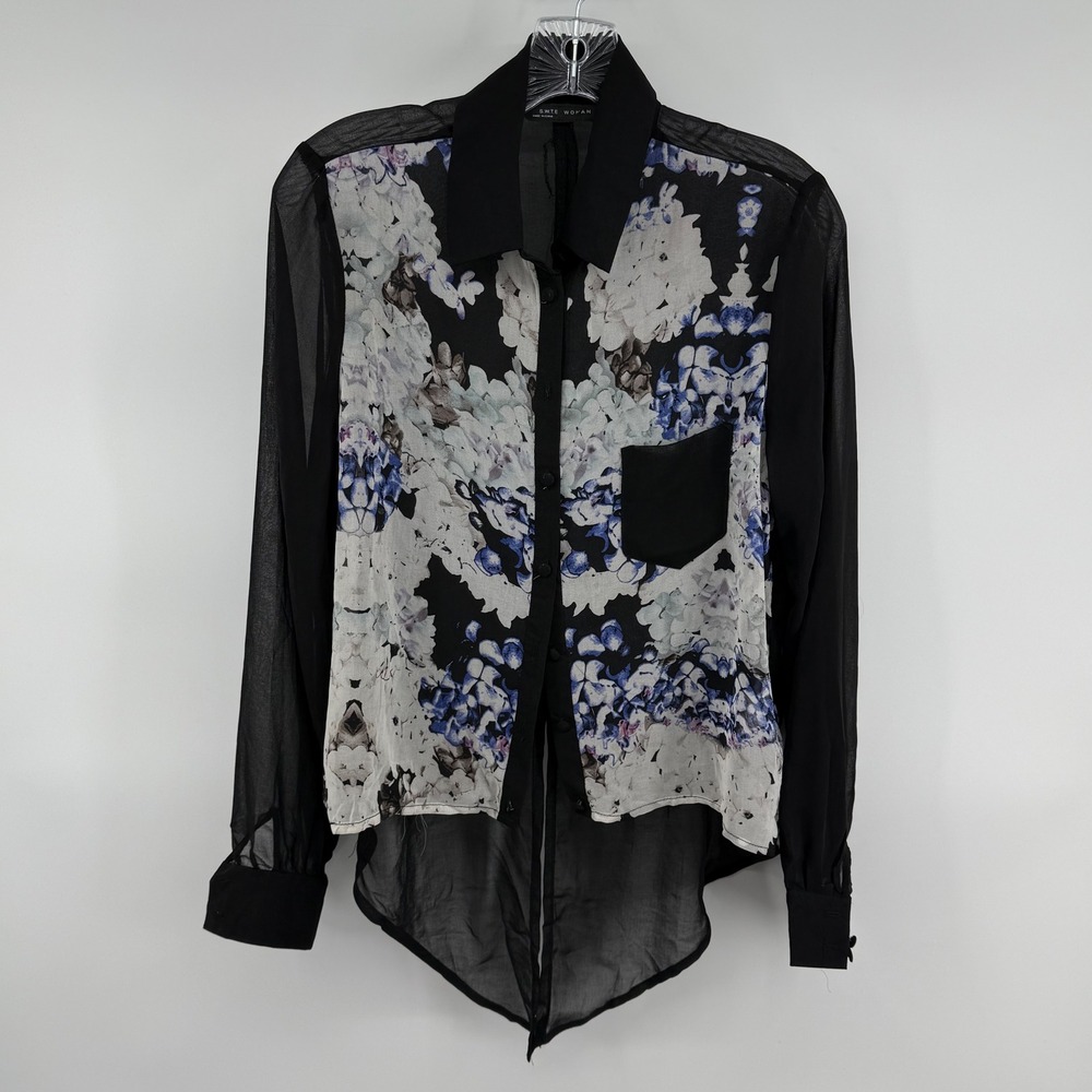 SWTE Woman Floral Sheer High Low Button Up Blouse Black Blue White‎ US 6